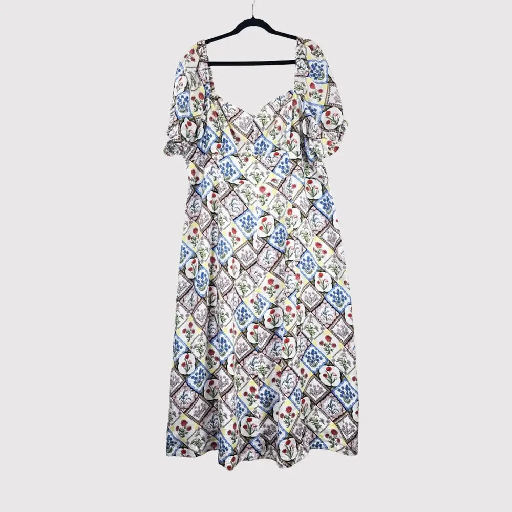 Boden Midi Dress Blue Sweetheart Linen Floral Patchwork Puff Sleeve Boho 20/22
